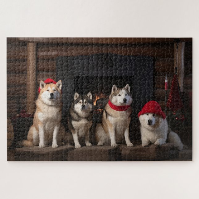 Puzzle Akita par le Noël de la cheminée (Horizontal)