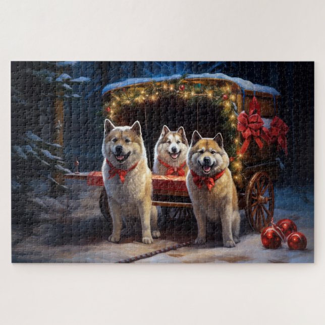 Puzzle Akita Snowy Sleigh Ride Décor de Noël (Horizontal)