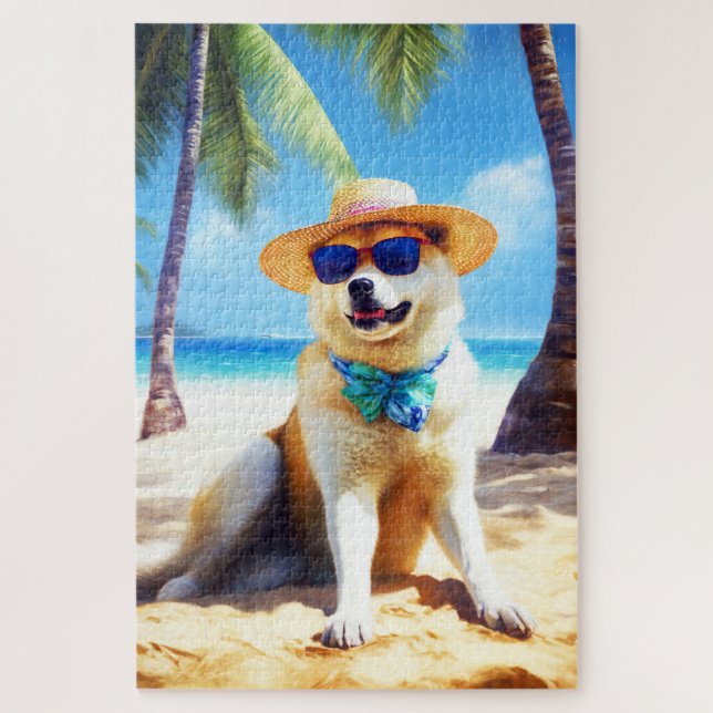 Puzzle Akita sur la plage, cadeau d'été pour les amoureux (Vertical)