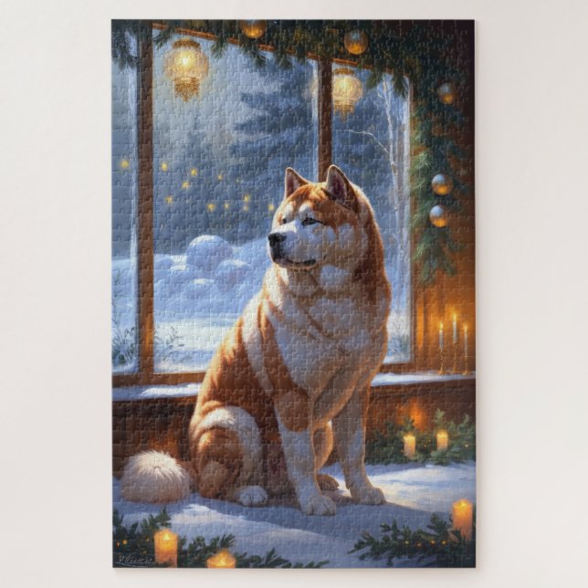 Puzzle Akita With Christmas Lights Holiday (Vertical)