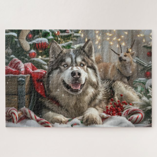 Puzzle Alaskan Malamute Chien Fête de Noël (Horizontal)