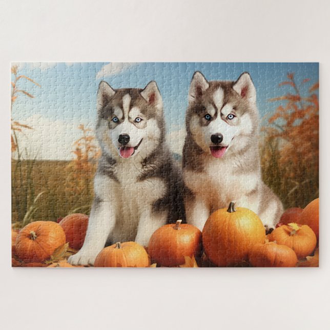 Puzzle Alaskan Malamute Chiot Automne Citrouille délice (Horizontal)