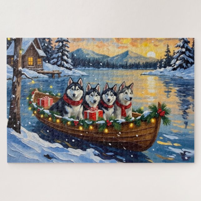 Puzzle Alaskan Malamute Christmas Boat Holiday (Horizontal)