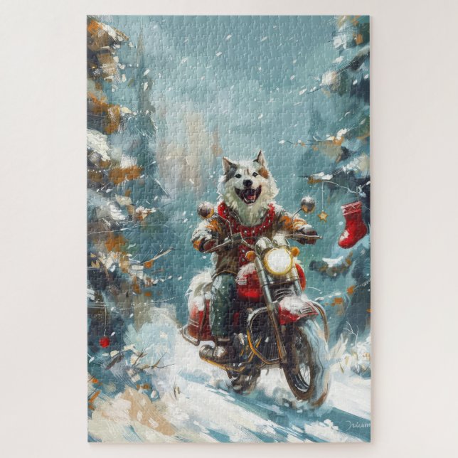 Puzzle Alaskan Malamute Dog équitation moto Noël (Vertical)