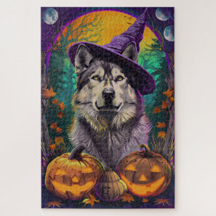 Puzzle Alaskan Malamute Halloween sorcière et Citrouille