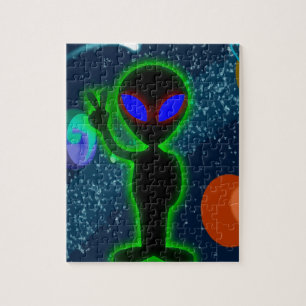 Puzzle Alien d'espace rougeoyant de paix d'yeux bleus