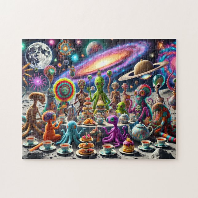 Puzzle Alien Tea Party Whimsical Extraterrestrial Cosmic (Horizontal)