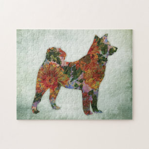 Puzzle American Akita Chien Floral Sur Vert