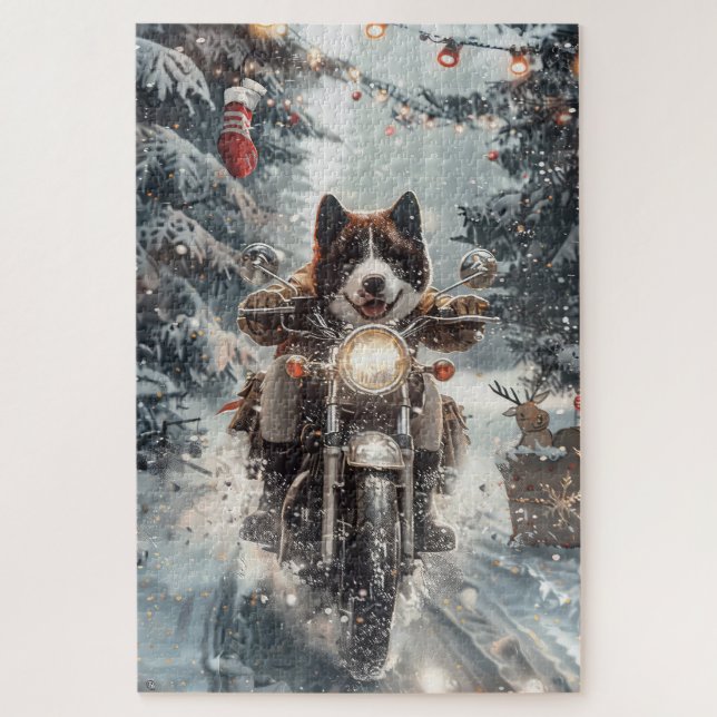 Puzzle American Akita Dog équitation moto Noël (Vertical)
