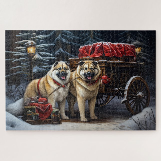 Puzzle American Akita Snowy Sleigh Ride Décor de Noël (Horizontal)