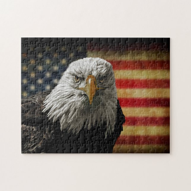 Puzzle American Bald Eagle on Grunge Flag (Horizontal)