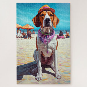 Puzzle American English Foxhound on Beach, cadeau d'été