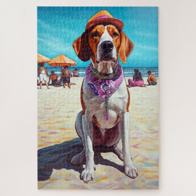 Puzzle American English Foxhound on Beach, cadeau d'été (Vertical)