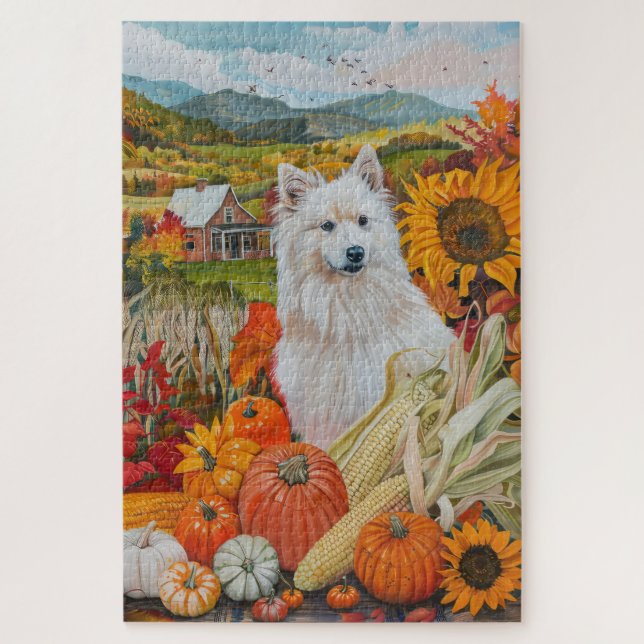 Puzzle American Eskimo Automne Harvest Thanksgiving Chien (Vertical)