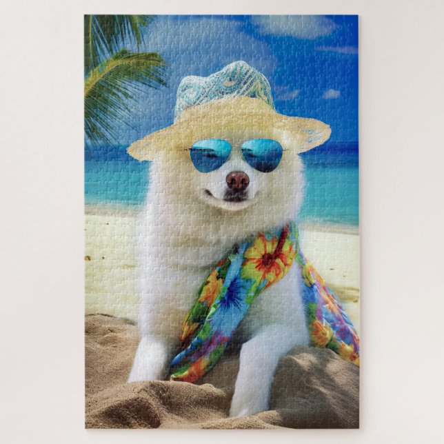 Puzzle American Eskimo on Beach, cadeau d'été pour amoure (Vertical)