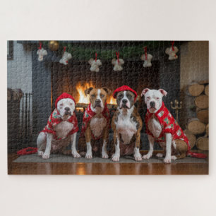 Puzzle American Staffordshire au coin du feu Noël