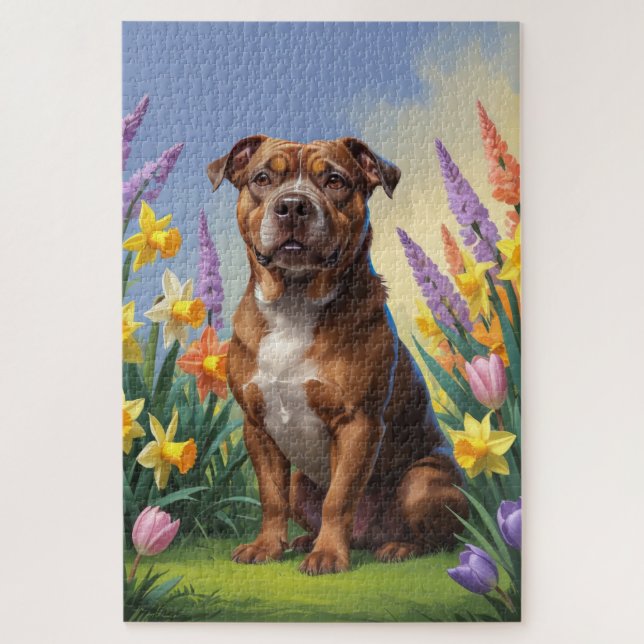 Puzzle American Staffordshire Fleurs de printemps de chie (Vertical)
