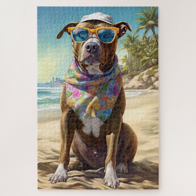 Puzzle American Staffordshire sur la plage, cadeau d'été (Vertical)