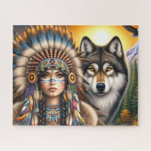 Puzzle Amérindienne féminine avec loup