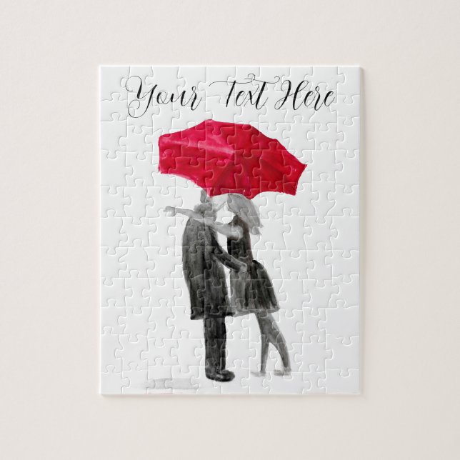 Puzzle Amour couple parapluie rouge Aquarelle Saint Valen (Vertical)