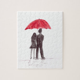 Puzzle Amour couple parapluie rouge couple aquarelle
