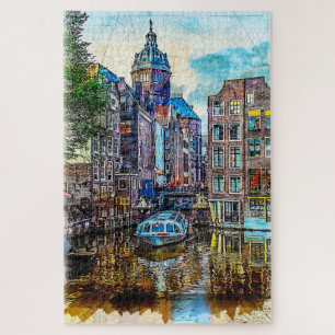 Puzzle Amsterdam canal cruise ship. Netherlands.