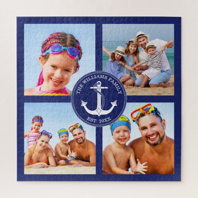 Puzzle Ancre nautique Famille Photo Collage Cadre bleu (Vertical)