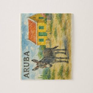 Puzzle Âne d'Aruba avec maison Cunucu jaune aquarelle