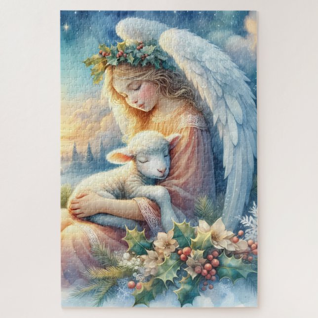 Puzzle Ange de Noël avec agneau en paix en hiver (Vertical)