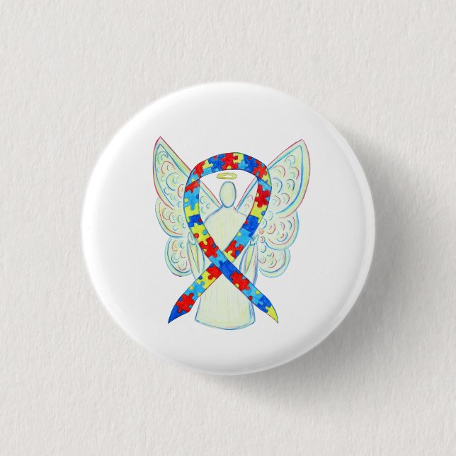 Puzzle Angel Autism Awareness Ribbon Art Pins (Front)