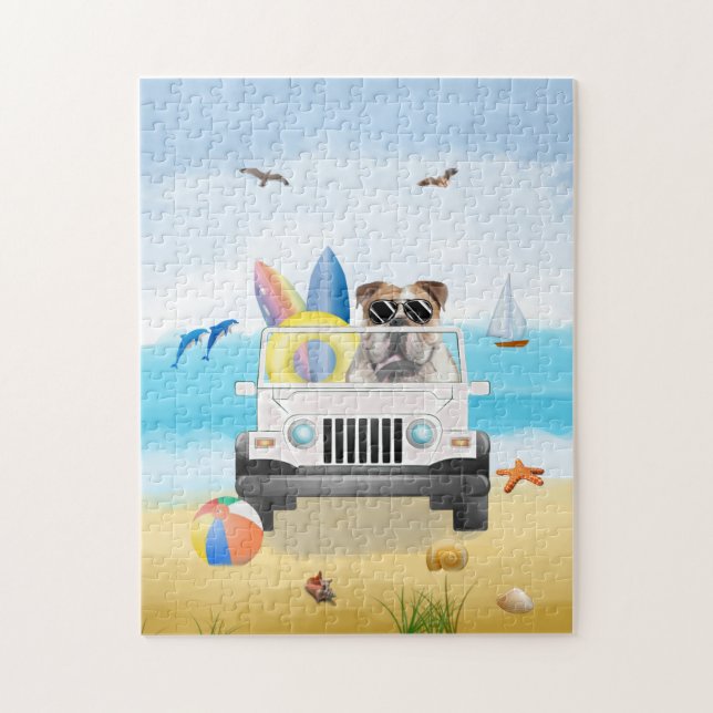 Puzzle anglais bulldog Driving on Beach (Vertical)