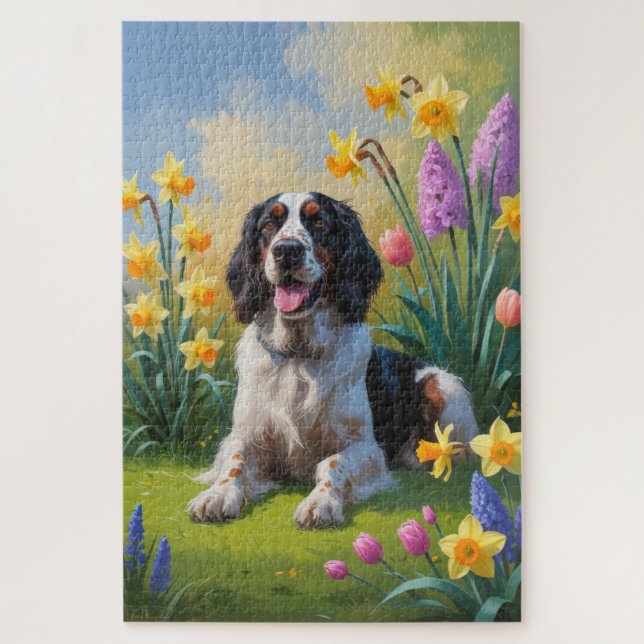 Puzzle Anglais Setter Chien Fleurs de printemps Peinture (Vertical)