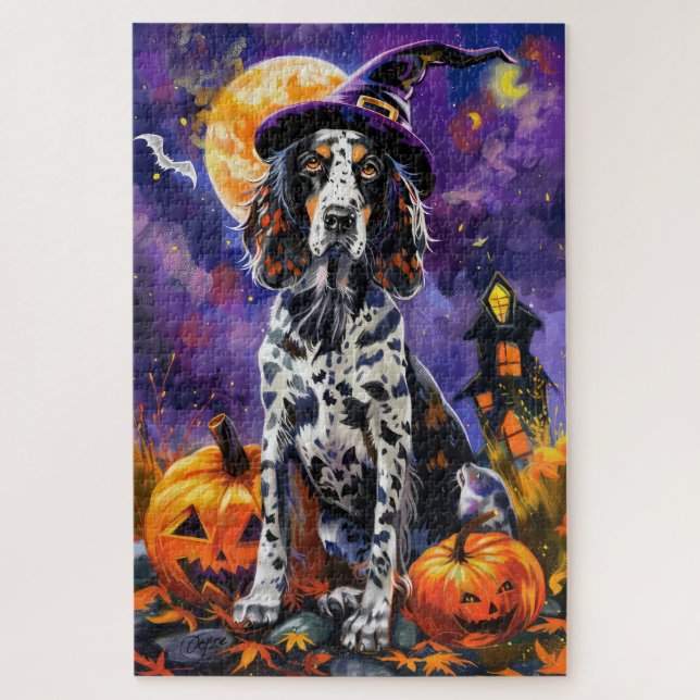 Puzzle Anglais Setter Chien Halloween Sorcière Et Citroui (Vertical)