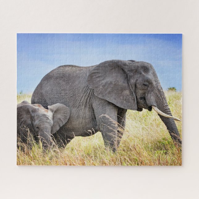 Puzzle Animaux de bébés cutest | Eléphant africain et mèr (Horizontal)