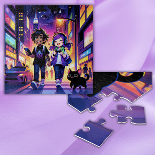 Puzzle Anime Gaming Couple avec leur chat