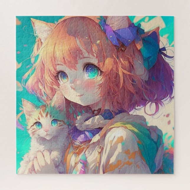 Puzzle Anime Girl Holding an Adorable Kitten (Vertical)