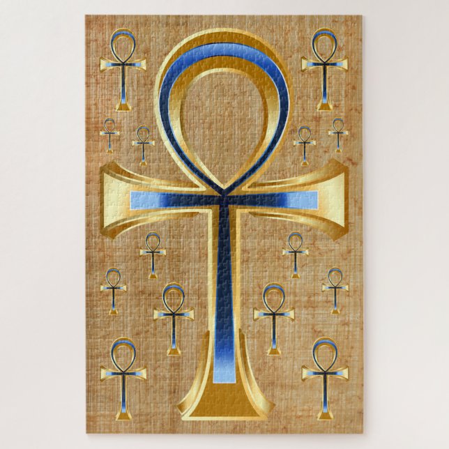 Puzzle Ankh égyptien - Design or et bleu (Vertical)