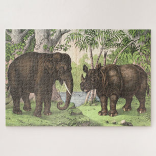 Puzzle Antique Elephant Rhino Aquarelle Imprimer
