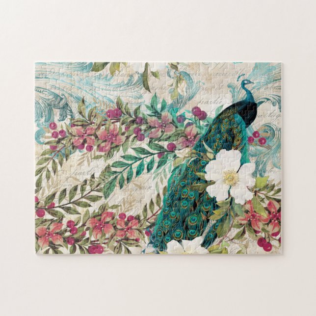 Puzzle Antique Illustrated Peacock & Flowers Grunge (Horizontal)