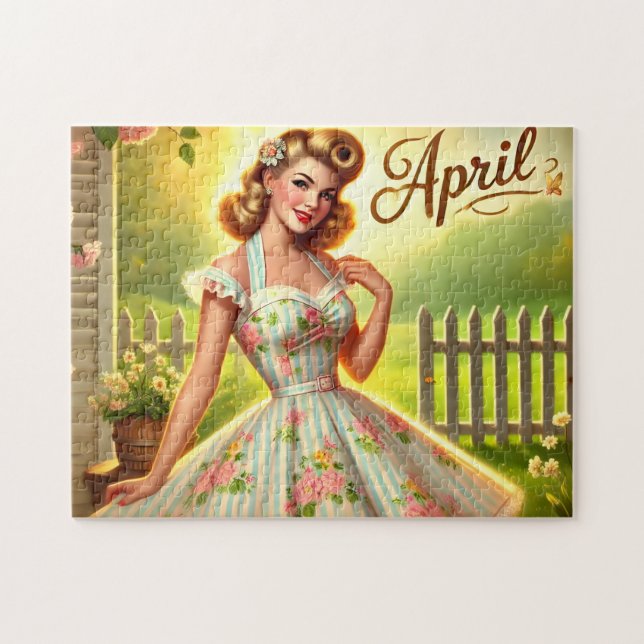 Puzzle April Retro Blonde Pin-Up Spring Girl  (Horizontal)