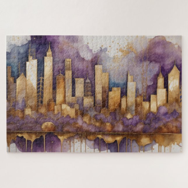 Puzzle Aquarelle Abstraite Peinture Gold Cityscape (Horizontal)