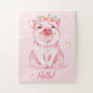 Puzzle Aquarelle adorable Cochon rose Personnalisé