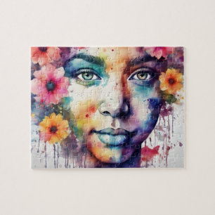 Puzzle Aquarelle Belle Femme Noire Avec Fleurs