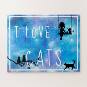 Puzzle Aquarelle Bleu Galaxie Fille et chats