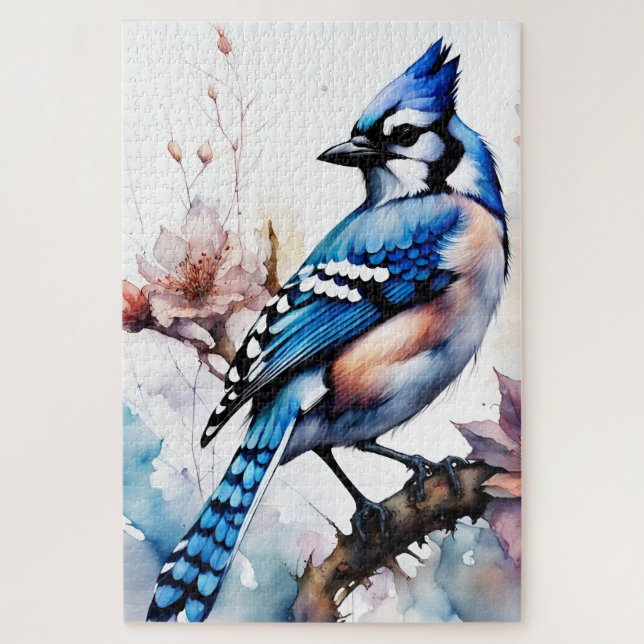 Puzzle Aquarelle bleu Jay Cherry Blossoms (Vertical)