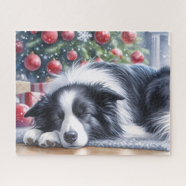Puzzle Aquarelle Bordure Collie Dormir Noël (Horizontal)