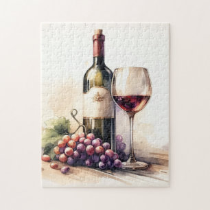 Puzzle Aquarelle Bouteille de vin et raisins