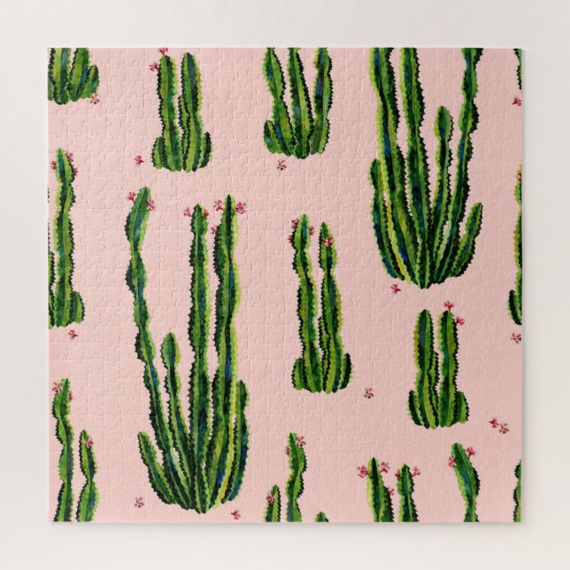 Puzzle Aquarelle Cactus : Blossoming Seamless Motif (Vertical)