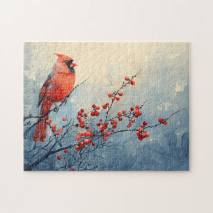 Puzzle Aquarelle Cardinal Birds Red Berries