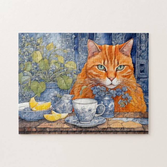 Puzzle Aquarelle Chat orange avec thé au citron (Horizontal)